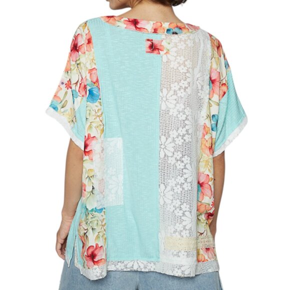 #394-POL Floral Lace Patchwork Top-Aqua S/M/L NIP POL SHORT SLEEVE PATCH - Picture 3 of 5